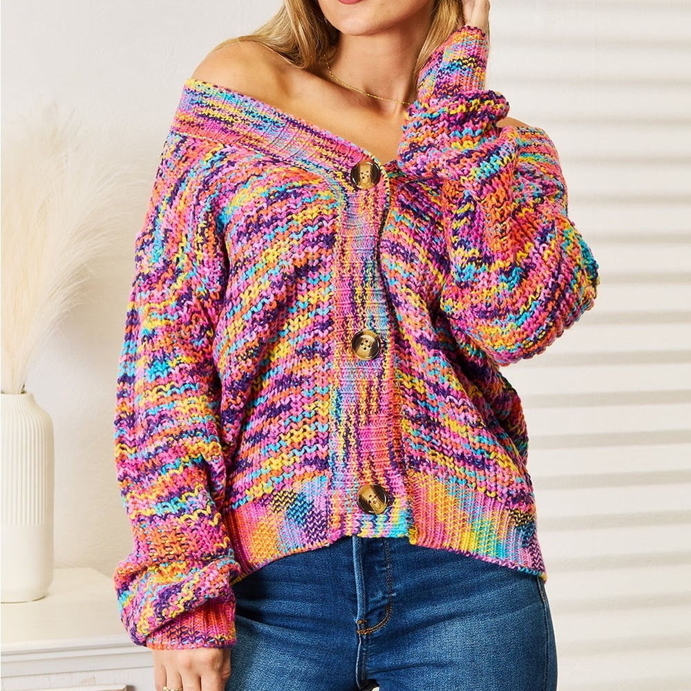 NEW Woven Right Multicolor Rainbow Ribbed Knit Grandpa Style Cardigan Sweater